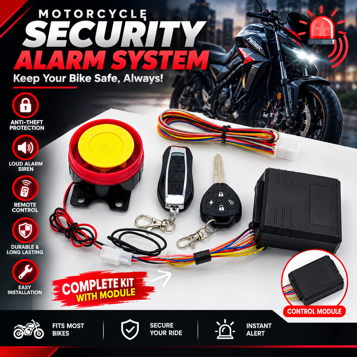 HJG Universal Bike Anti-Theft Alarm Kit with Remote Key